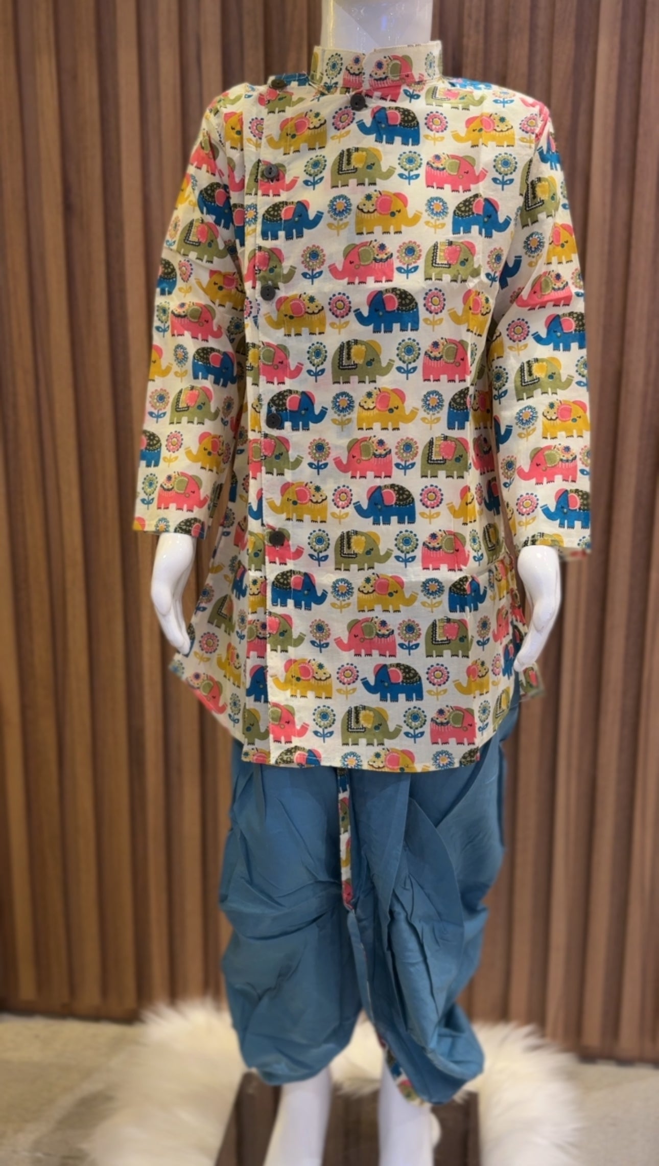 Multicolour Elephants Kurta with Blue Dhoti