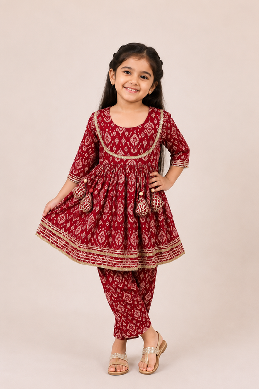 Fuchsia Ikat Gota Lace Top with Straight Pants