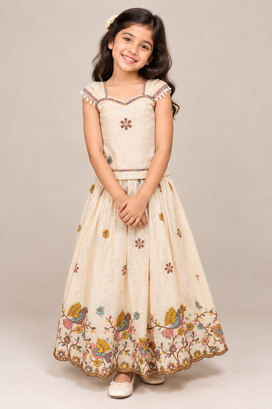 Pure Kora Cotton Multicolour Embroidered Skirt and Top