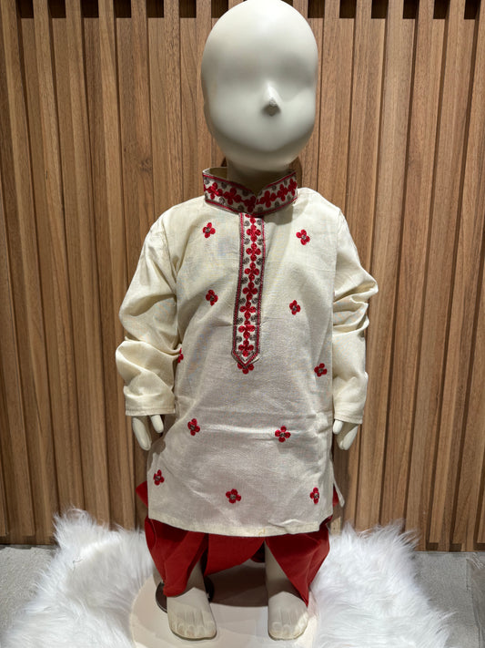 White Aari Embriodered Kurta with Red Dhoti Set