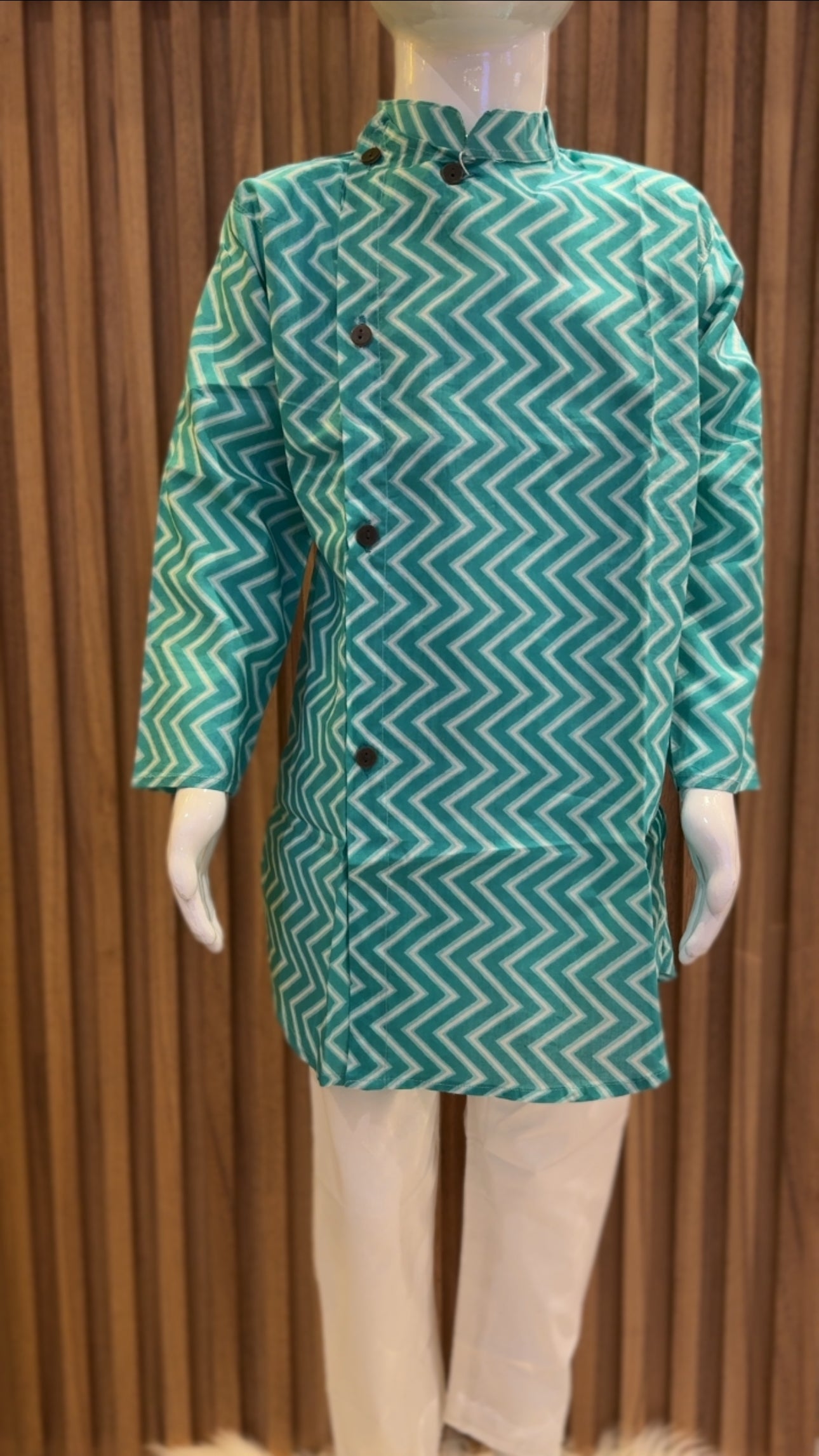 Sea-Green Zig-Zag Side Button Kurta Set