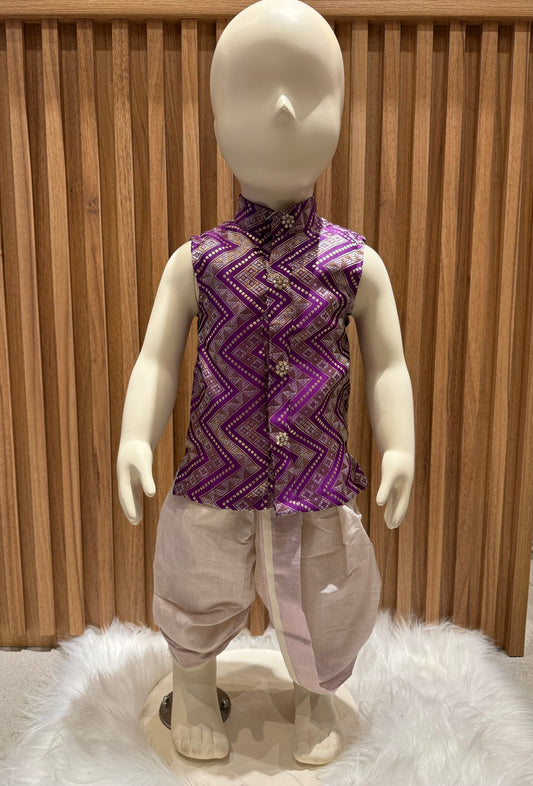 Purple Brocade Kurta & Rose Gold Dhoti