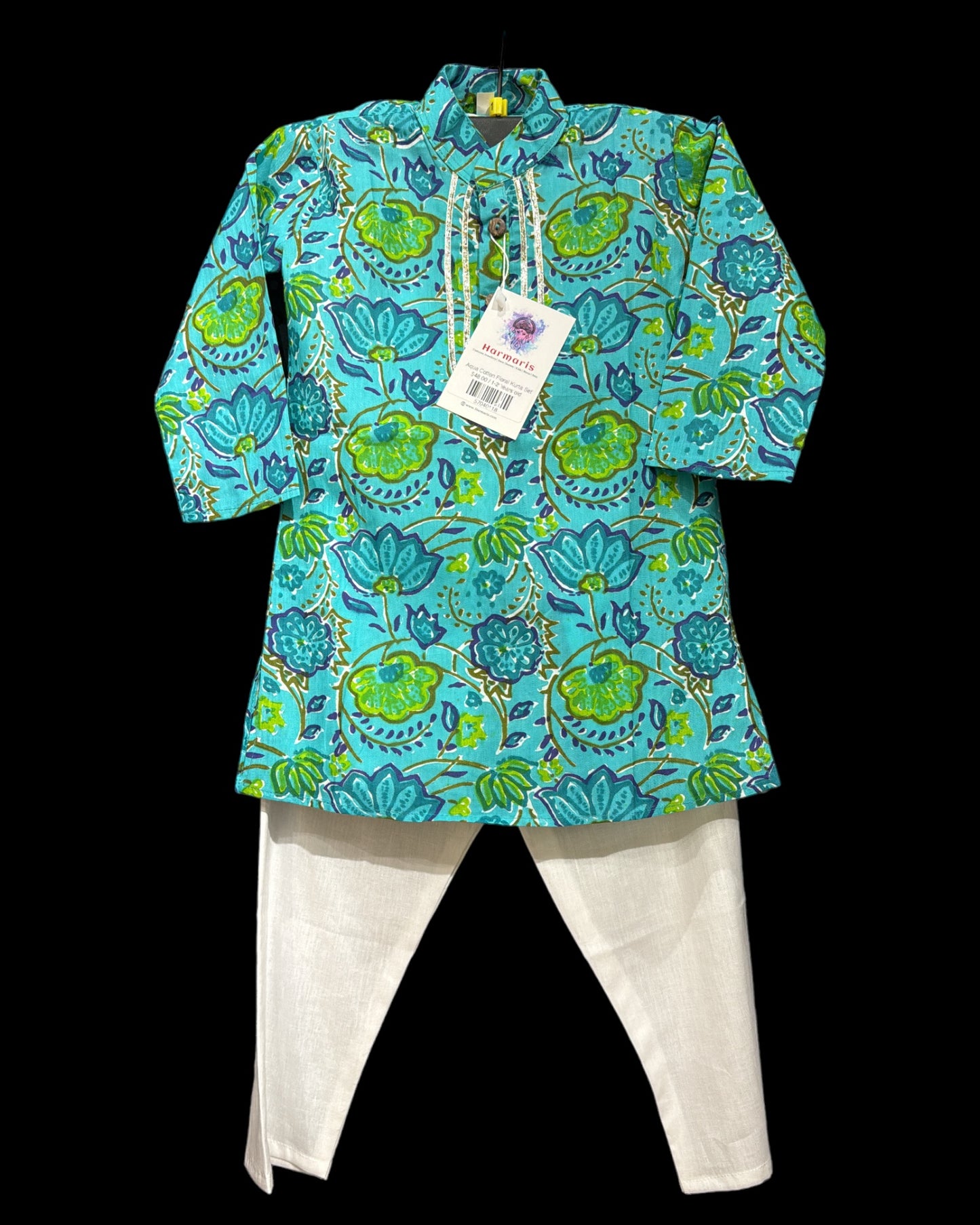 Aqua Cotton Floral Kurta Set