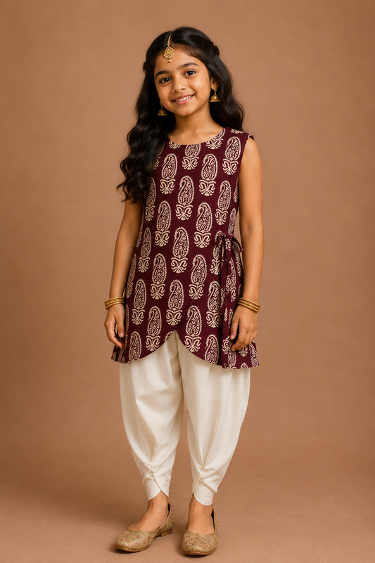 Purple Mughal Sleeveless Kurti with Tulip Pant Sibling Combo