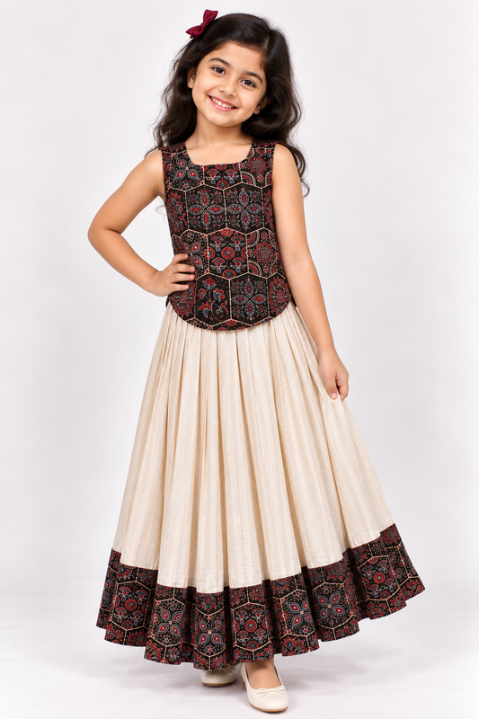 Soft Cotton Gold Stripped Skirt with Ajrak Top