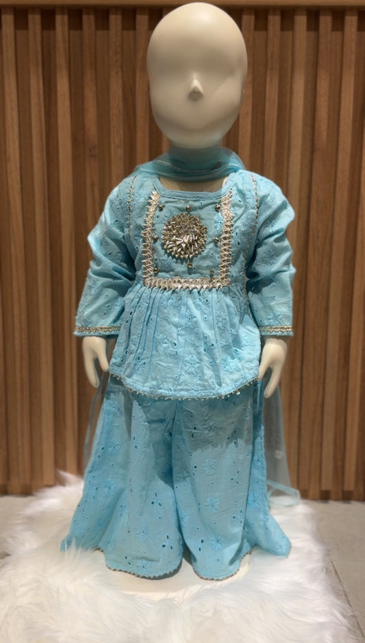 Chikan Kurti style frock with Plazzo and Dupatta with lace and ghungroo work