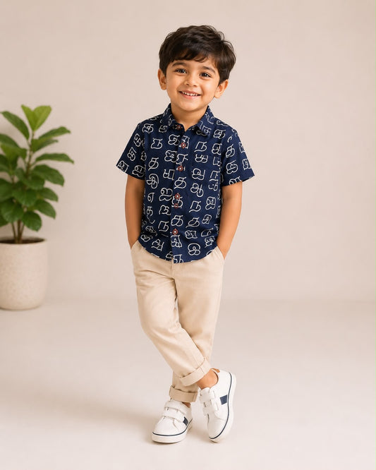 Tamil Scripts on Dark Blue Kurta