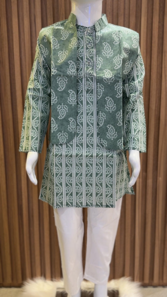 Mint Paisley Kurta Vest Set with Pyjama Pant