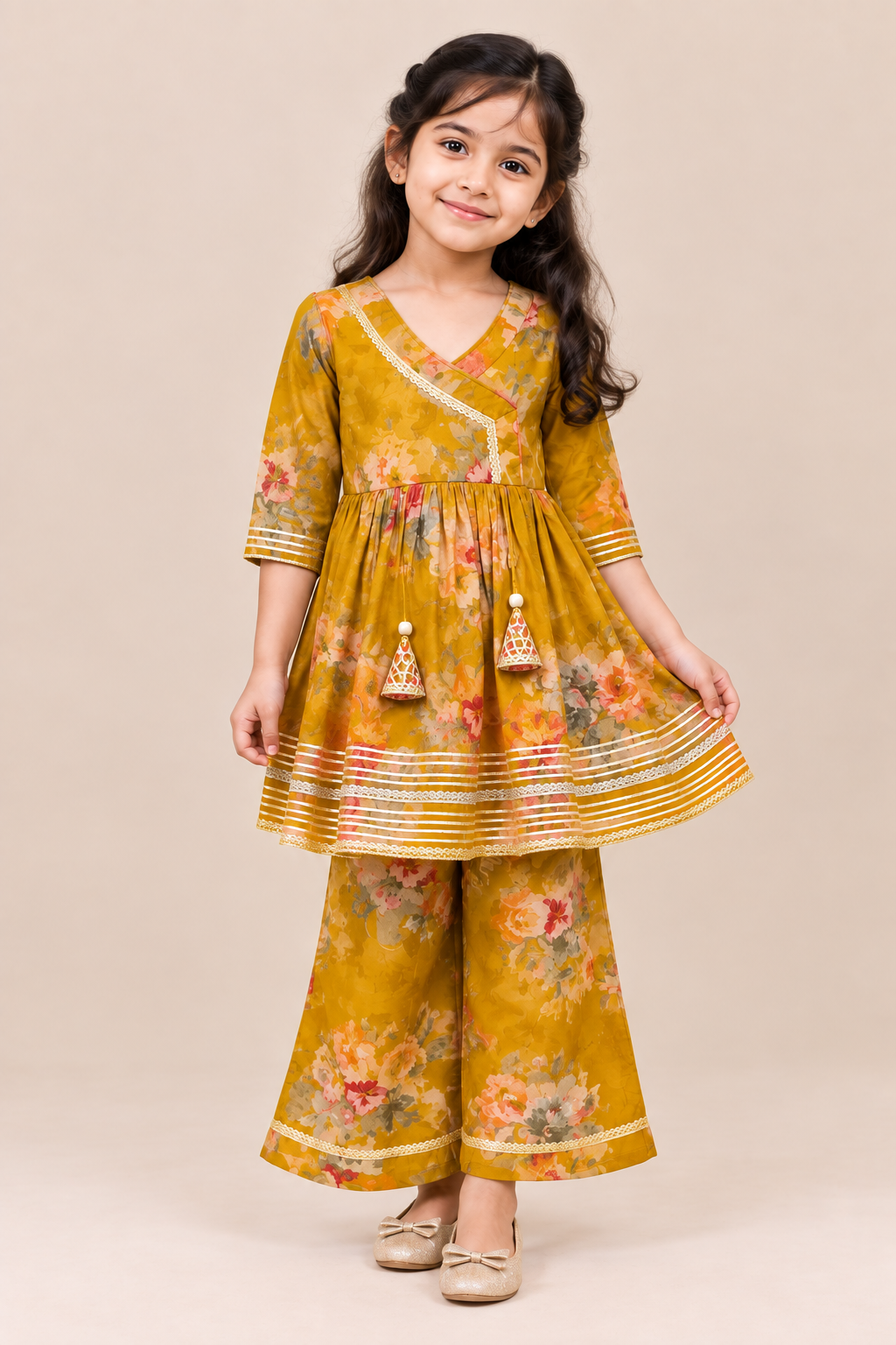 Yellow Floral Angrakha Top with Palazzo Pants
