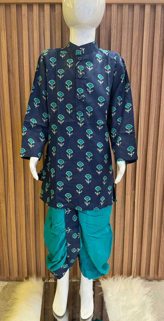 Navy Bud Kurta with Teal Dhoti Set