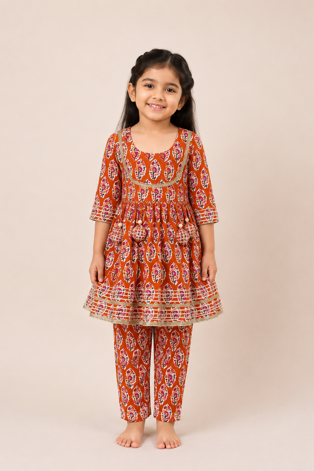 Orange Floral Gota Lace Top with Straight Pants