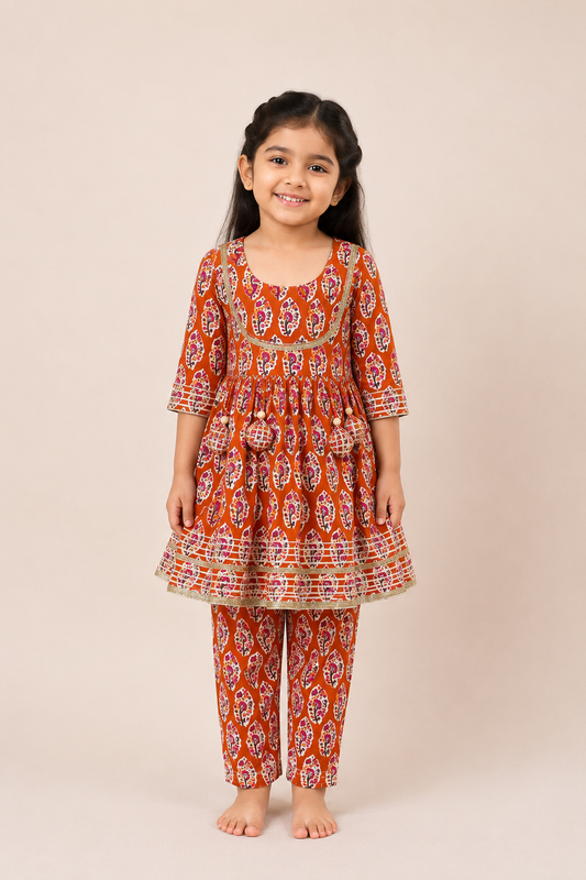 Orange Floral Gota Lace Top with Straight Pants