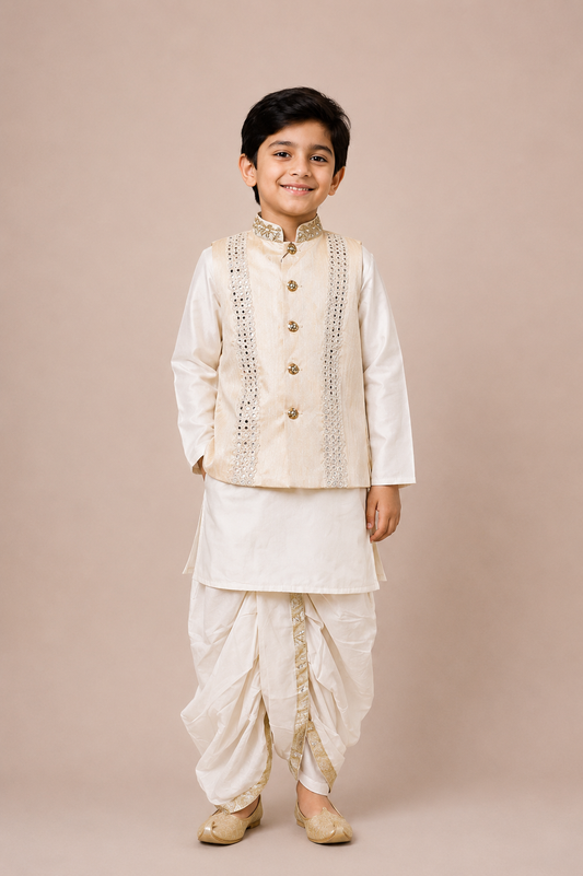 Cream Mirror-work Nehru Jacket Kurta Dhoti Set