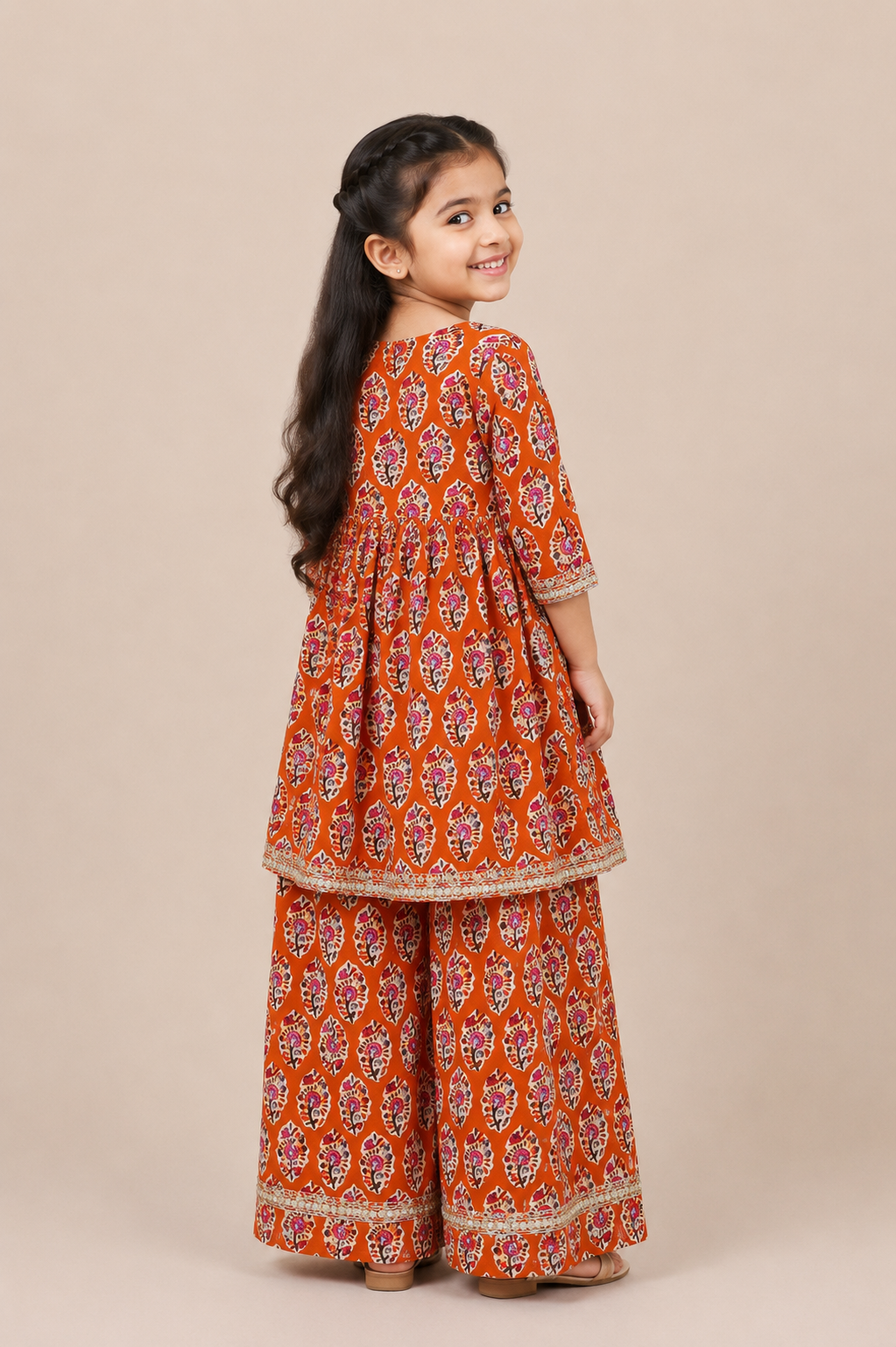 Orange Floral Gota Lace Angrakha Top with Straight Pants