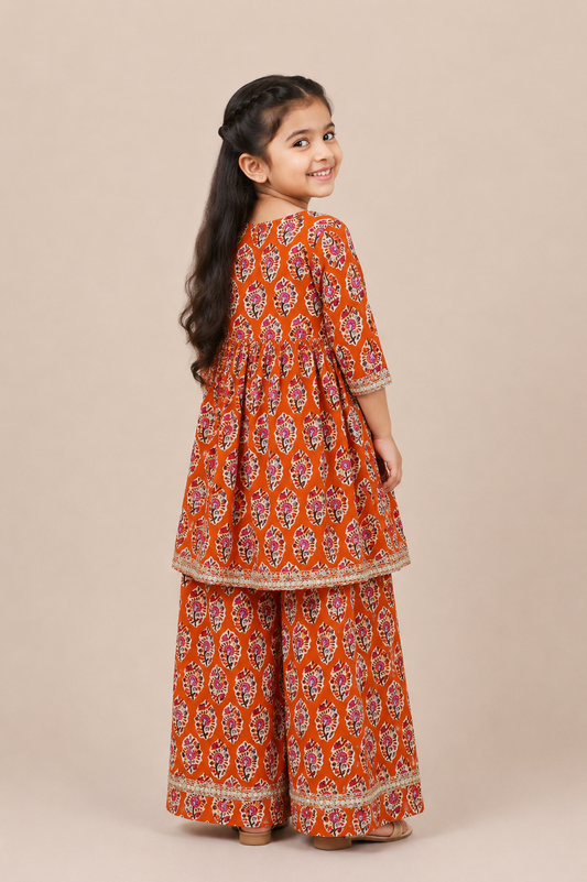 Orange Floral Gota Lace Angrakha Top with Straight Pants
