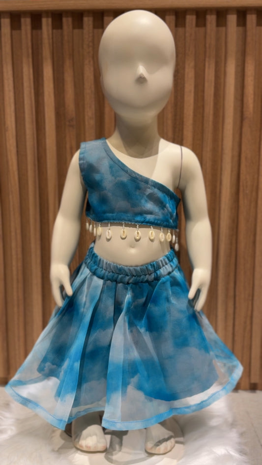 Blue One Shoulder Top with Cowrie Shell Work and Lehenga Set