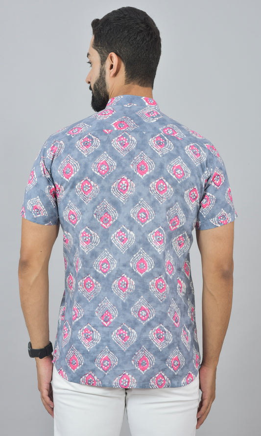 Grey Pink Leaf Half Short Kurta