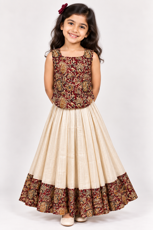 Maroon Mayil Kalamkari Pavadai