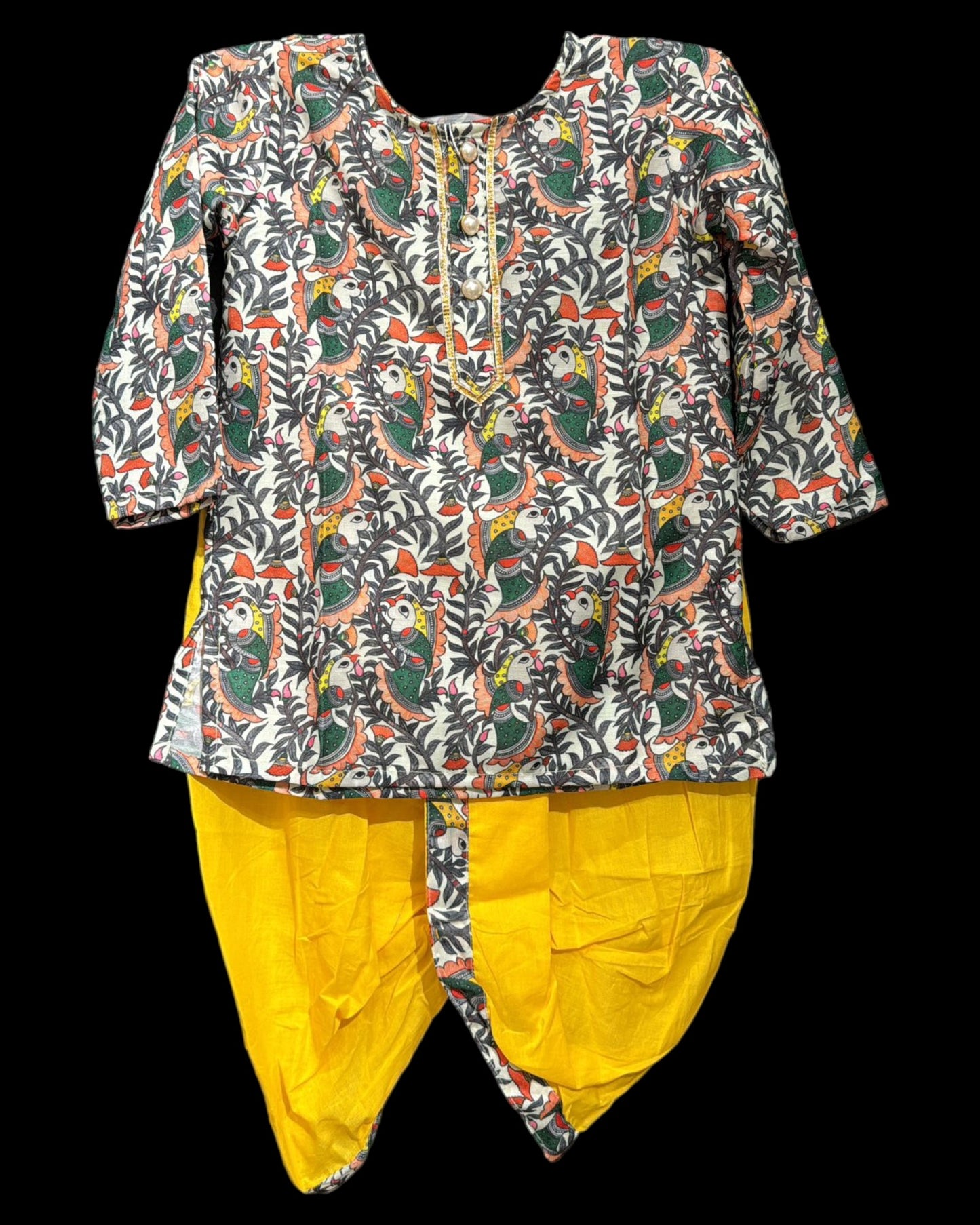 Bird Print Kurta with Dhoti - Peach and Yellow