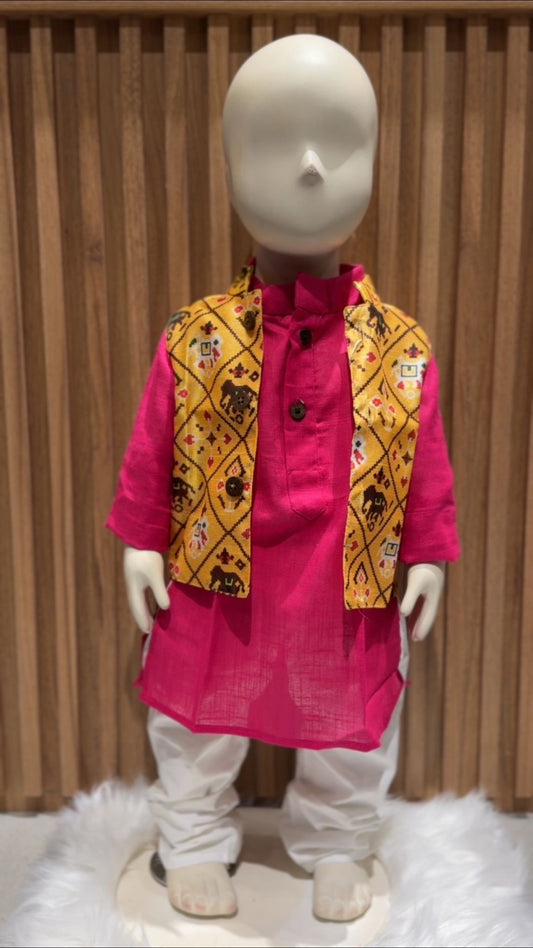 Pink Long Kurta with Mustard Patola Jacket and Pyjama