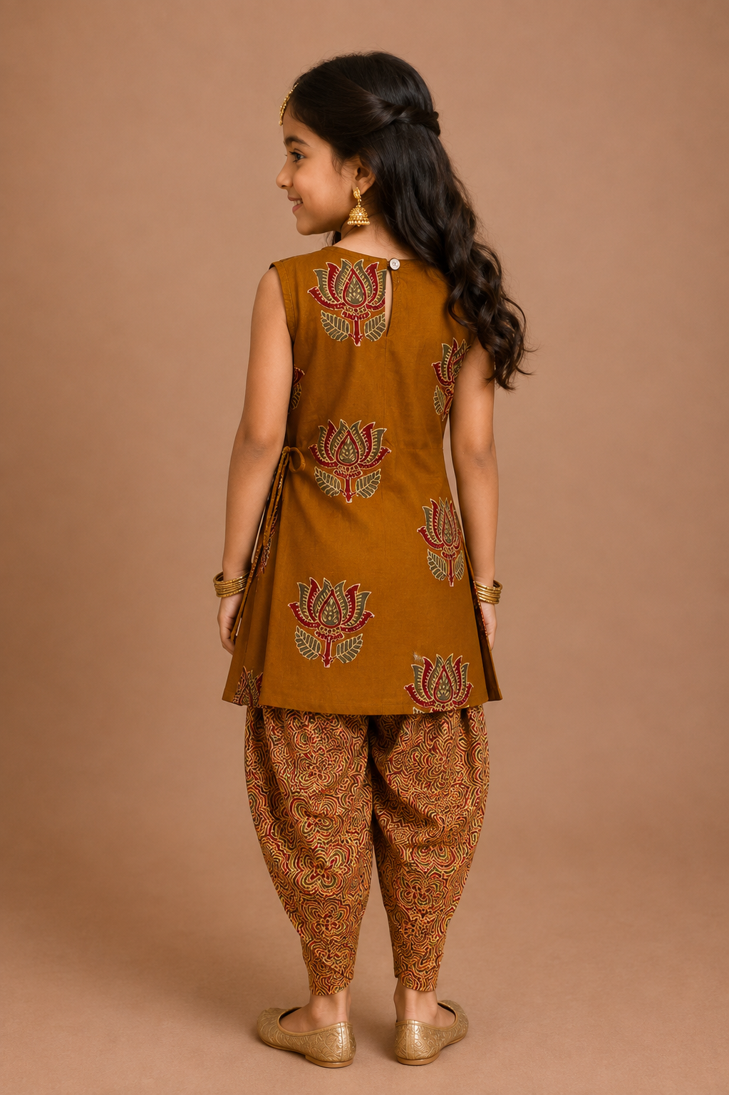 Mustard Lotus Bloom Sleeveless Kurti with Tulip Pant Sibling Combo