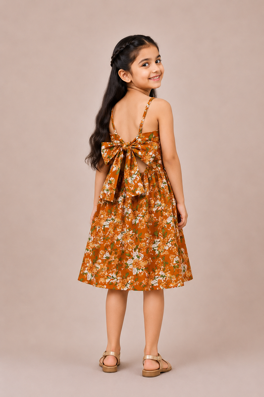 Orange Floral Smocked Dress with Tie-Back Ribbon