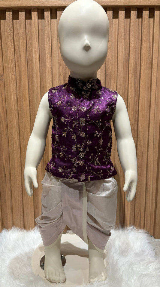 Purple Gajji Silk Kurta & Rose Gold Dhoti