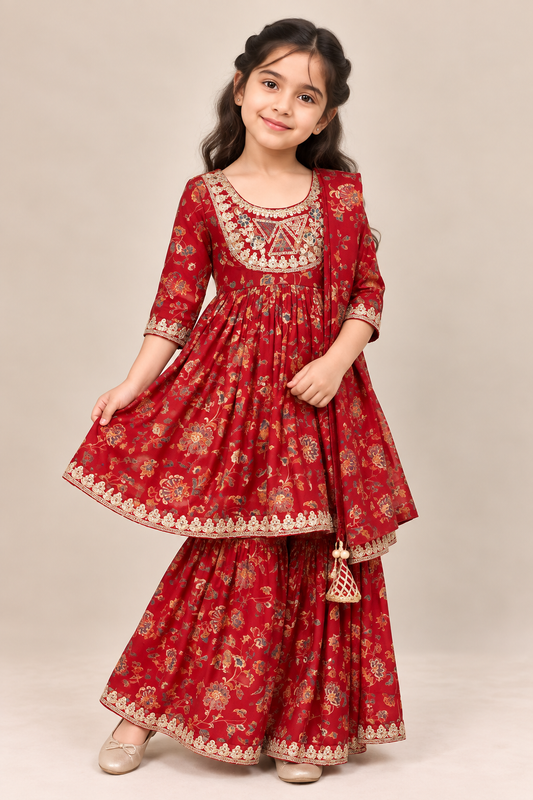 Red Floral Gota Lace Top with Sharara Pants