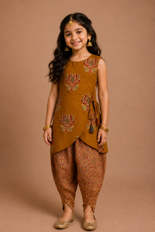 Mustard Lotus Bloom Sleeveless Kurti with Tulip Pant Sibling Combo