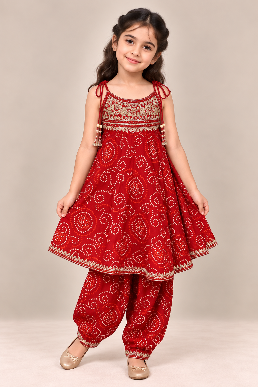 Pink Bandhini Tiered Spaghetti Top with Afghan Pants