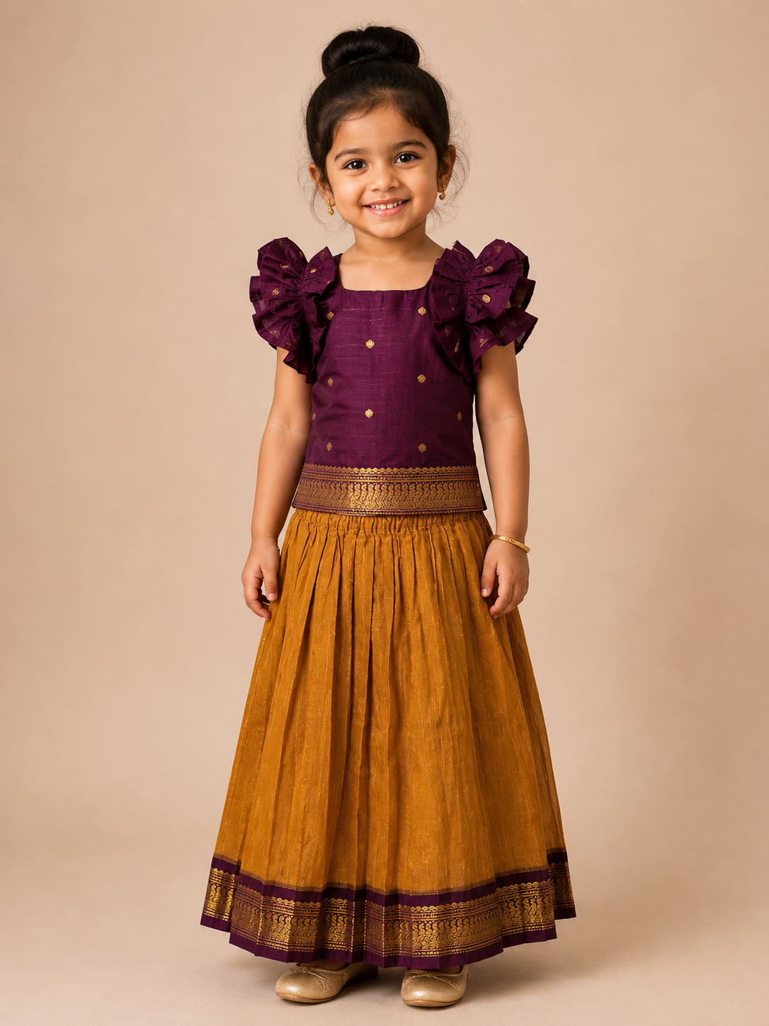 Mustard Kalyani Cotton Skirt and Purple Soft Cotton Silk Top with Ruffle Sleeves