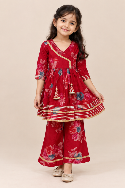 Pink Floral Angrakha Top with Palazzo Pants