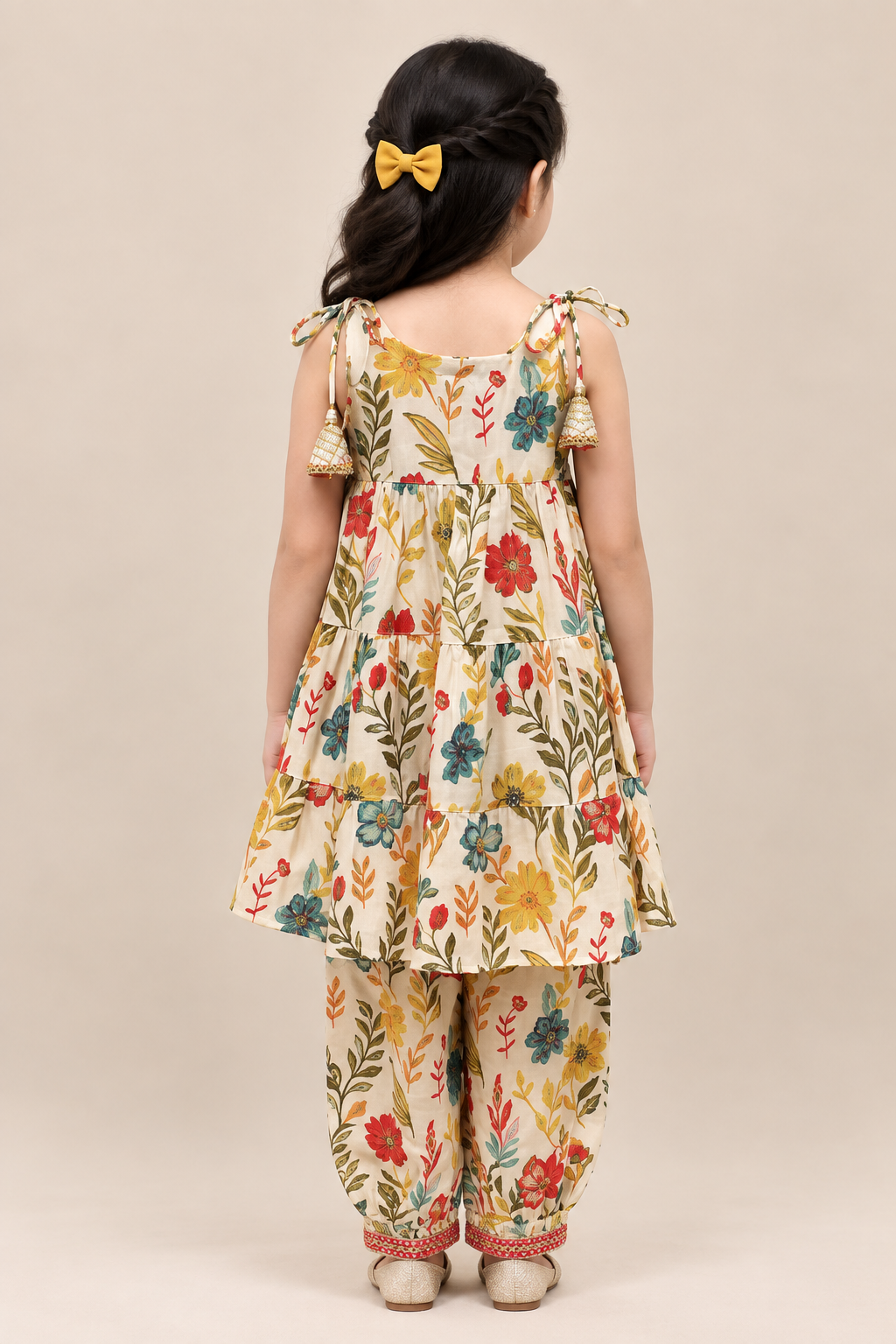 White Floral Tiered Spaghetti Top with Afghan Pants