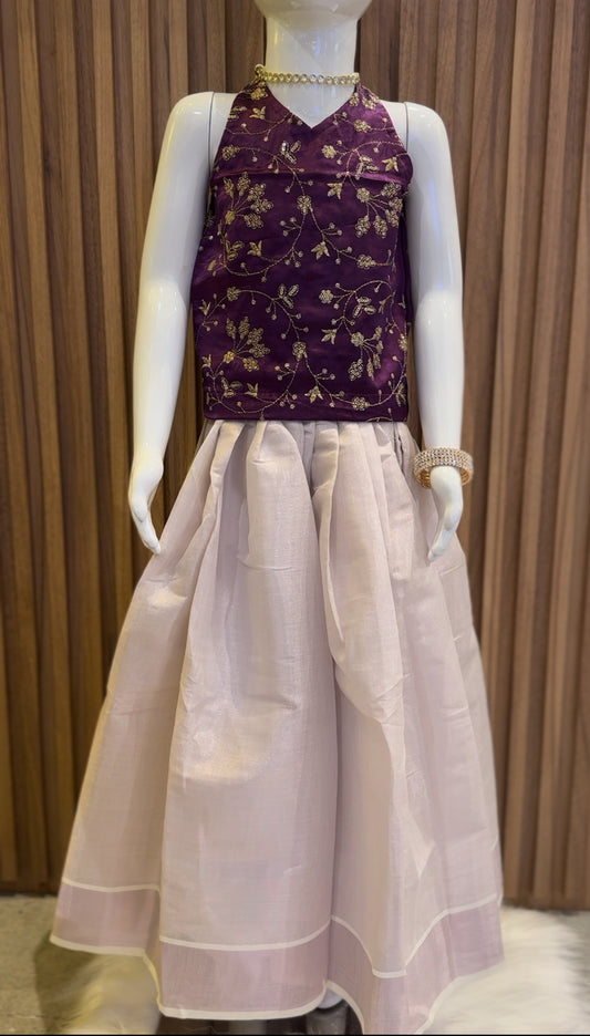 Purple Brocade Top & Rose Gold Checkered Skirt