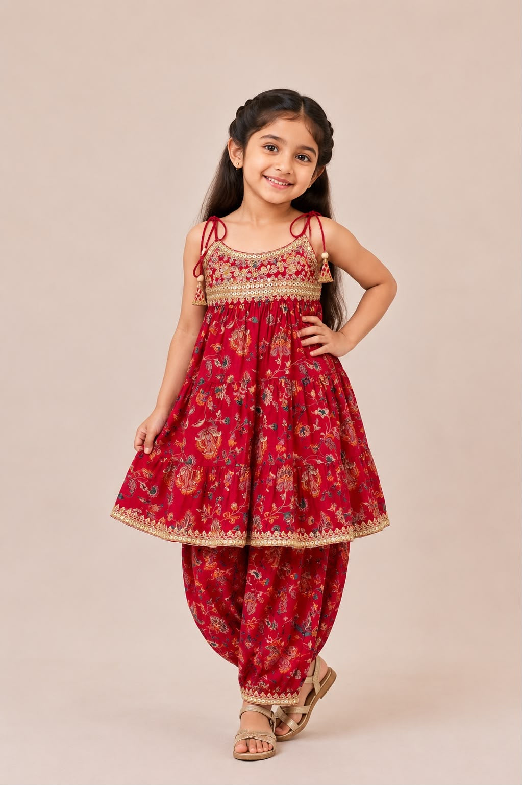 Pink Floral Gota Lace Spaghetti with Afghan Pants