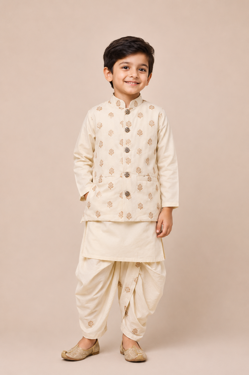 Cream Floral Nehru Jacket Kurta Dhoti Set