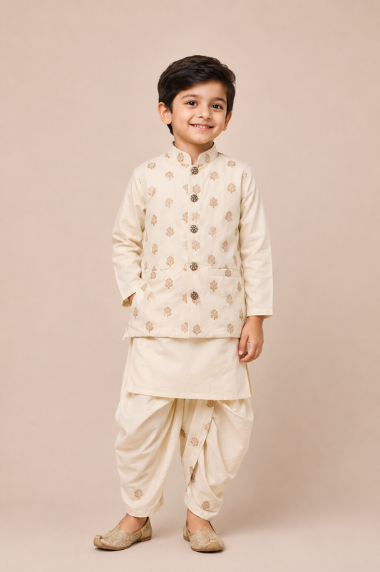 Cream Floral Nehru Jacket Kurta Dhoti Set