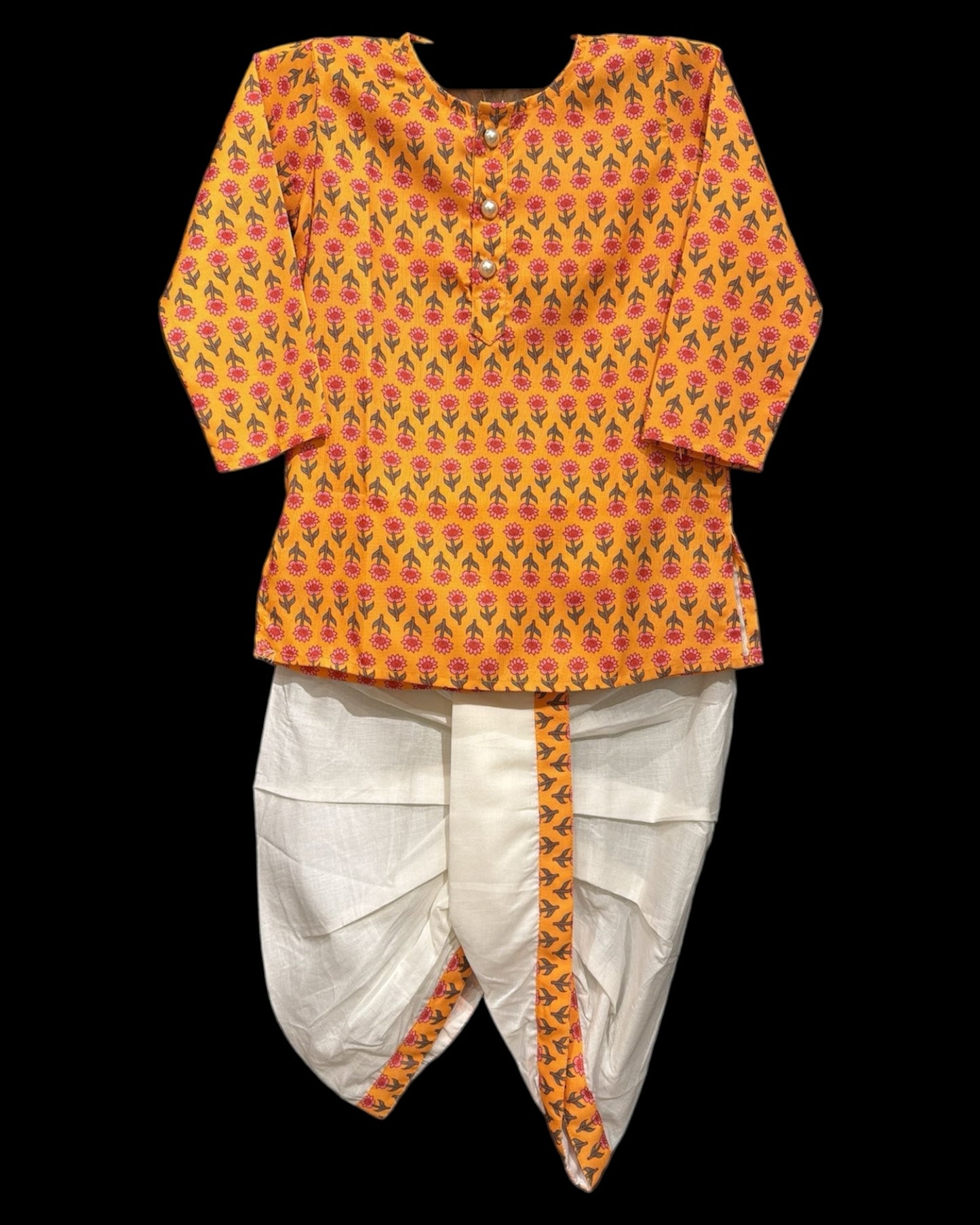 Floral Printed Orange Kurta with Dhoti Set