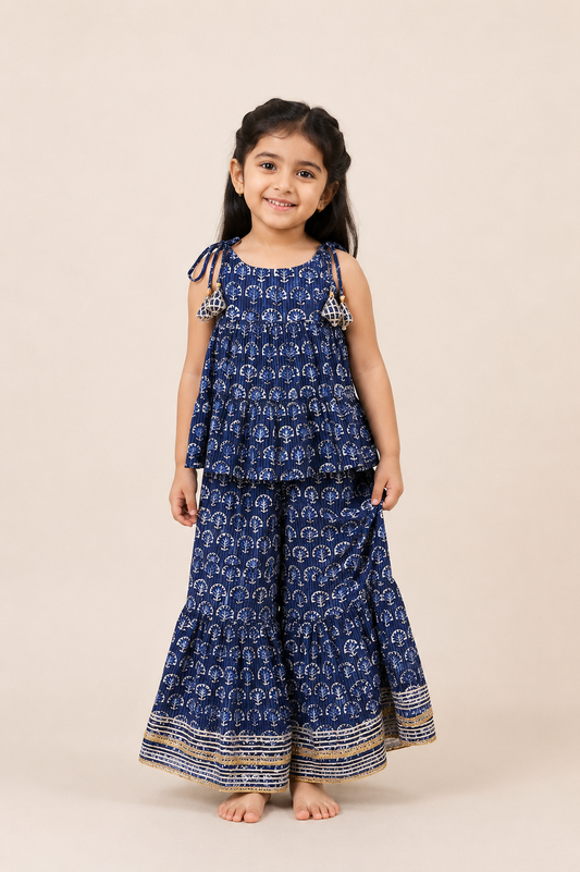 Navy Block Floral Tiered Top with Sharara Pants