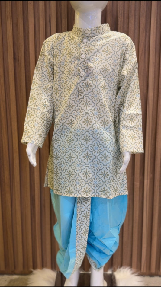 Sandstone Motif Kurta with Ocean Blue Dhoti Set