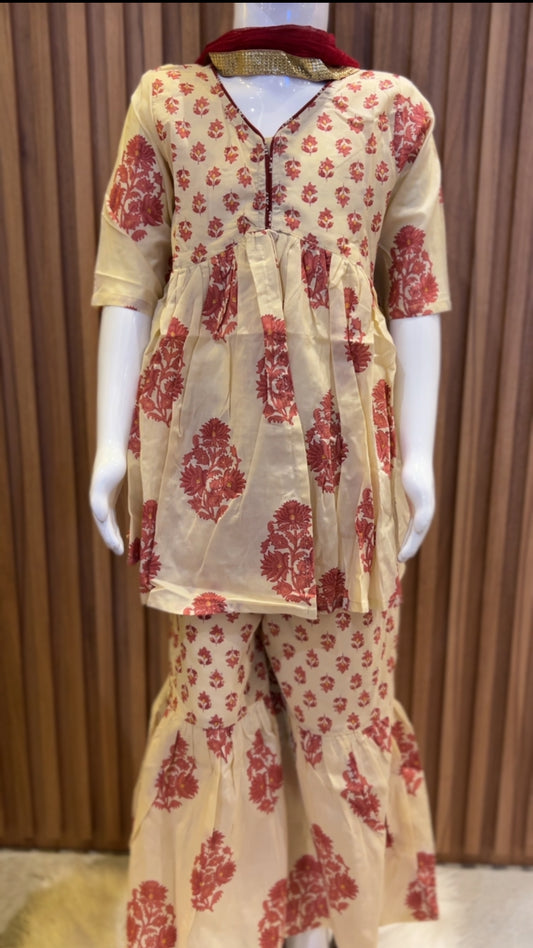 Cream with Maroon Buti & Floral Print Sharara Set