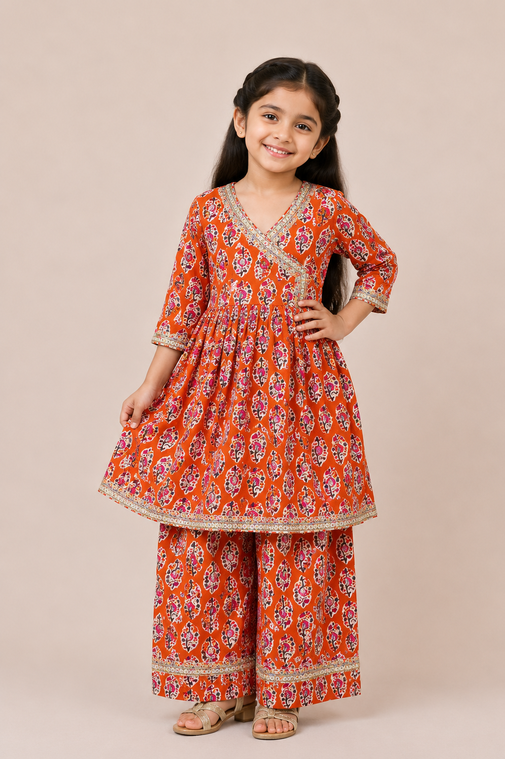 Orange Floral Gota Lace Angrakha Top with Straight Pants