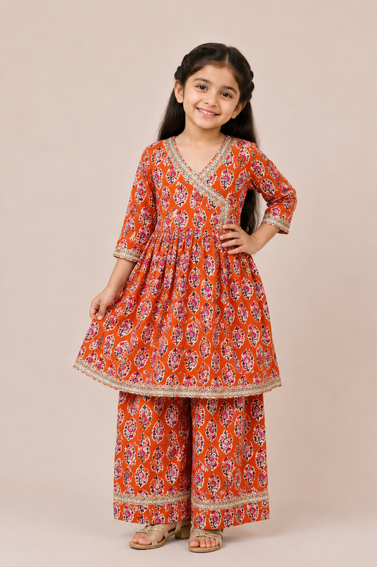 Orange Floral Gota Lace Angrakha Top with Straight Pants