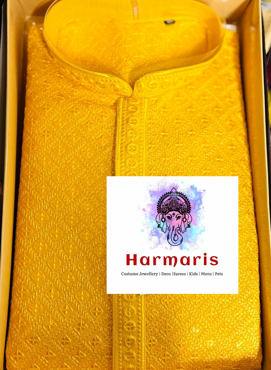 Yellow Chikankari Mens Kurta Set