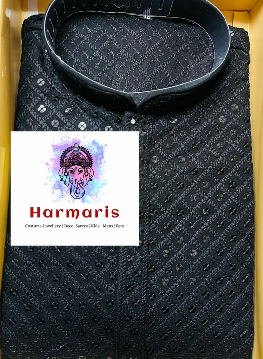 Black Chikankari Mens Kurta Set