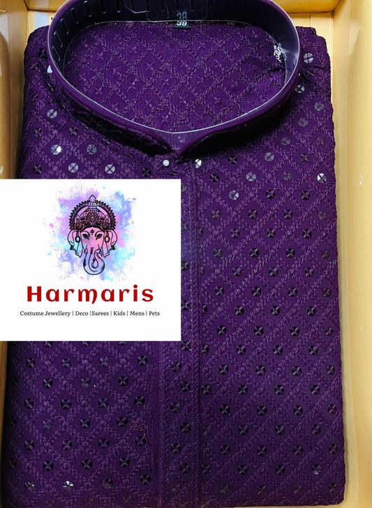 Wine Chikankari Mens Kurta Set