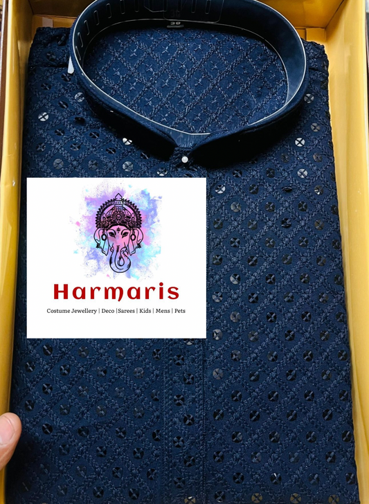 Navy Blue Chikankari Mens Kurta Set