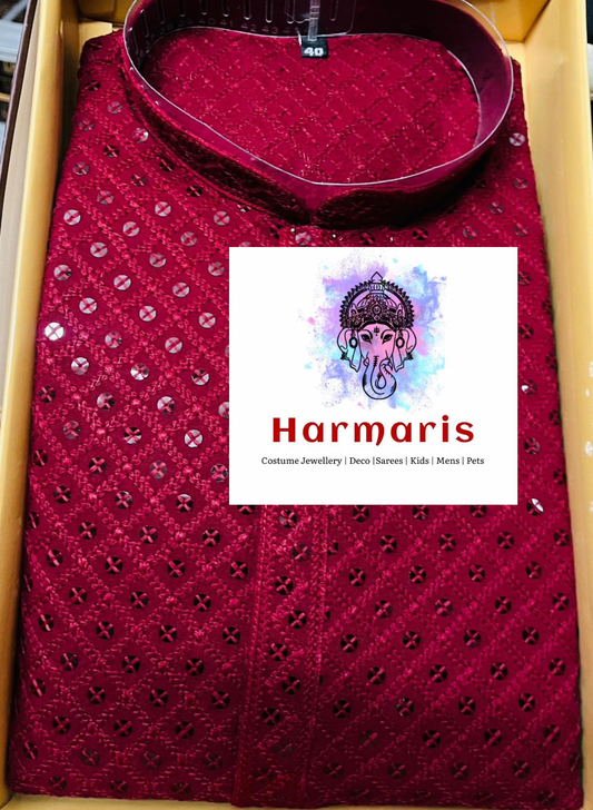 Maroon Chikankari Mens Kurta Set