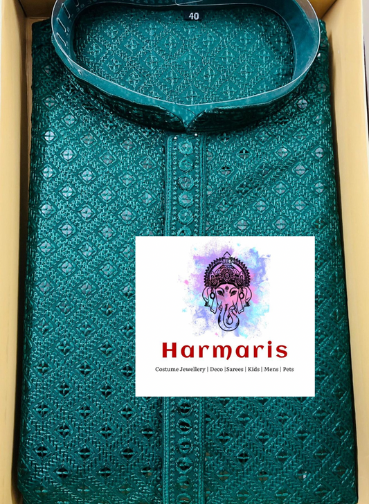 Bottle Green Chikankari Mens Kurta Set