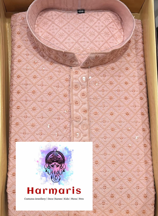Pastel Pink Chikankari Mens Kurta Set